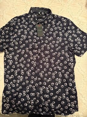 Ted Baker Navy Button-Up Shirt with White Floral Print